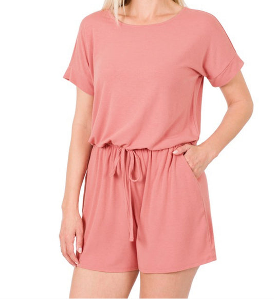 Dusty Rose Tie Romper with Pokets