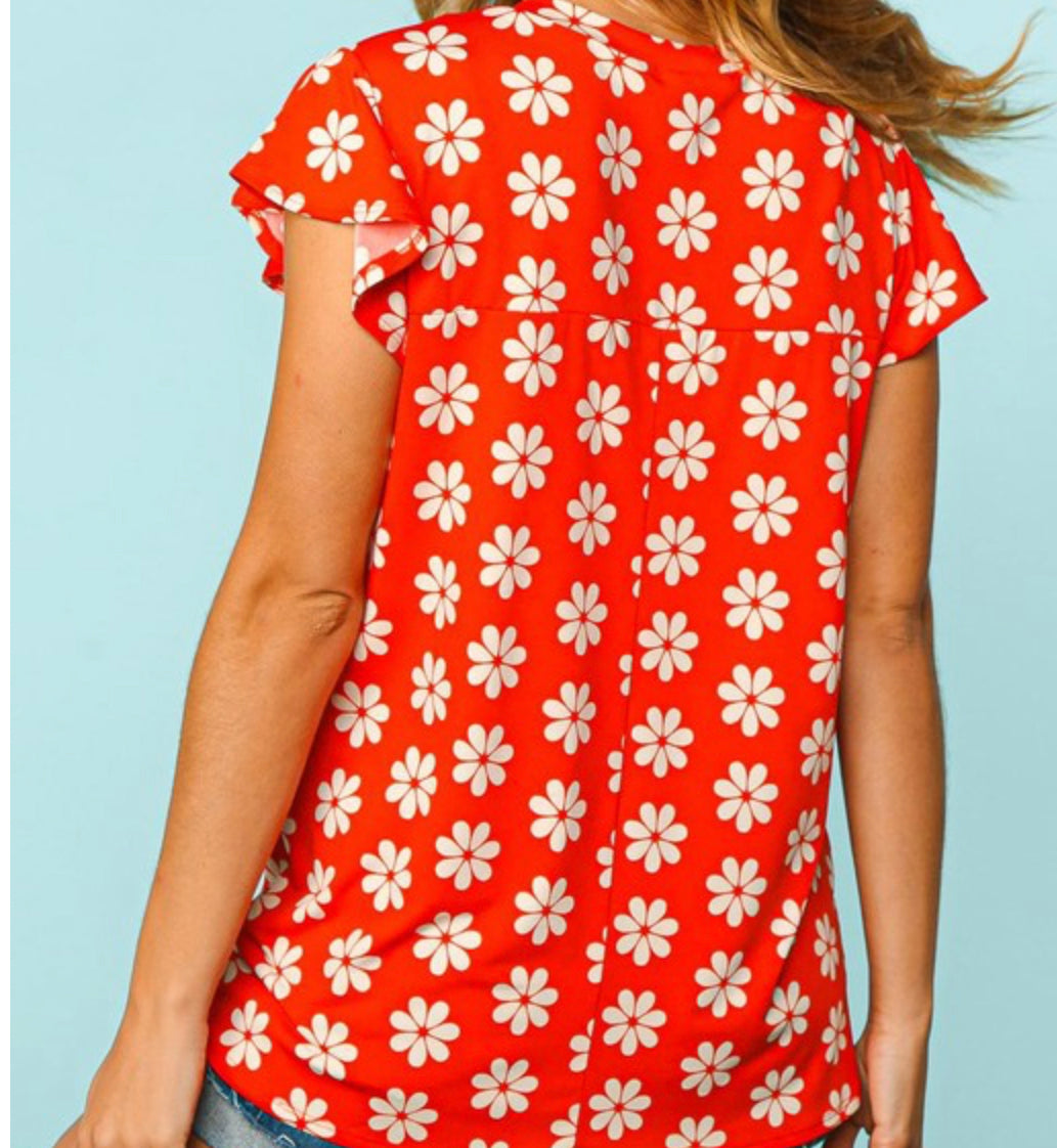 Red Floral Ruffle Top