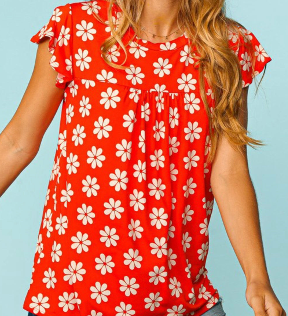 Red Floral Ruffle Top