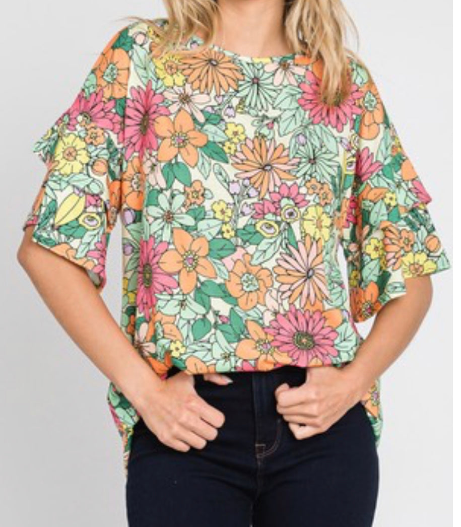 Muted Floral Print Layered Sleeve Top