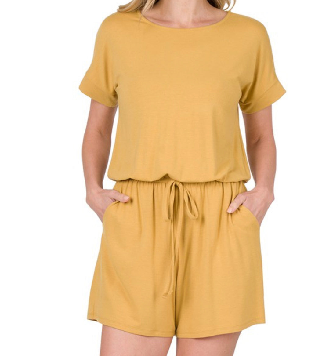 Light Mustard Tie Romper with Pokets