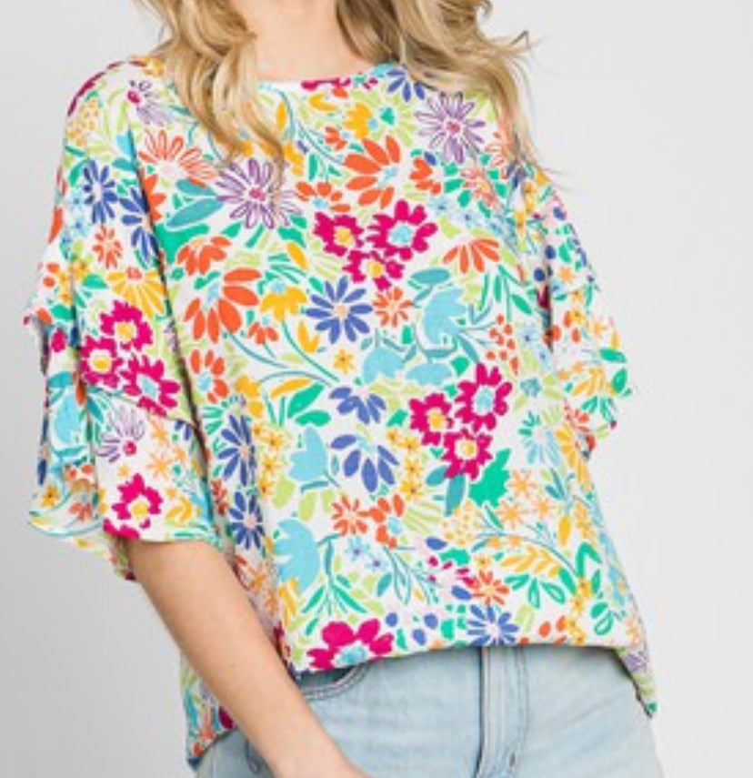 Crinkle Floral Print Layered Sleeve Top