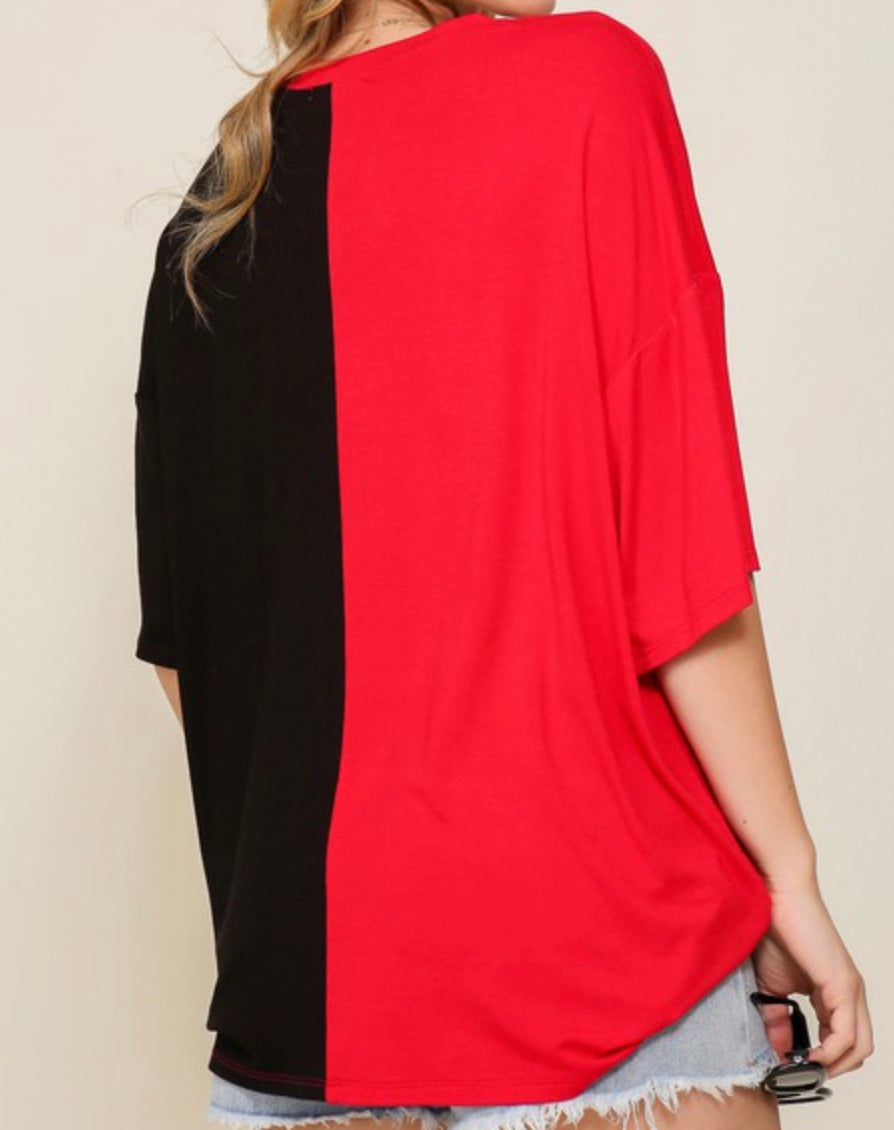 Red/Black Color Block Top