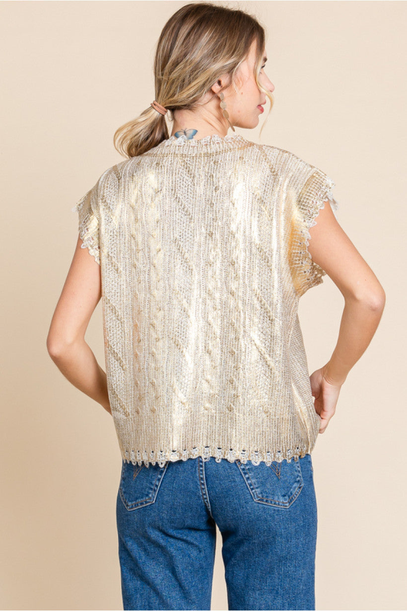 Ivory Gold Metallic Short Sleeve Sweater