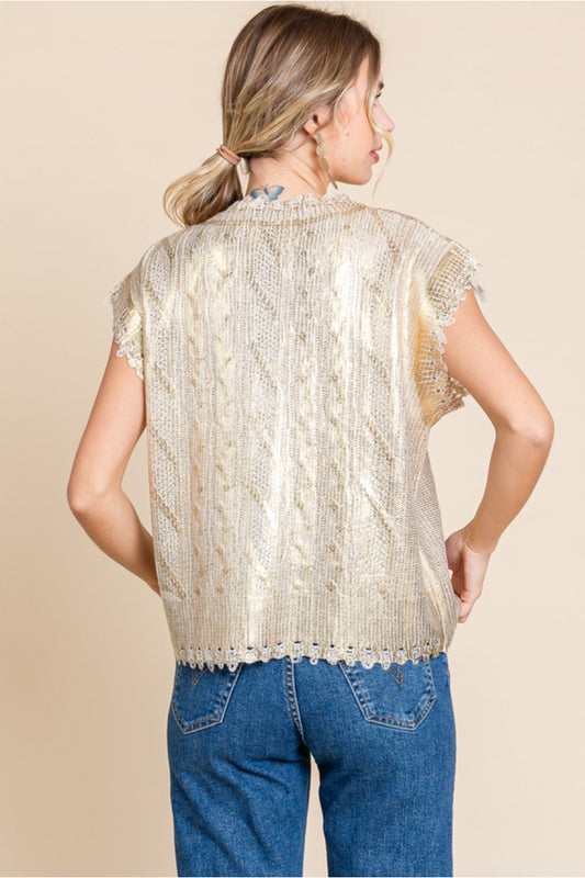 Ivory Gold Metallic Short Sleeve Sweater