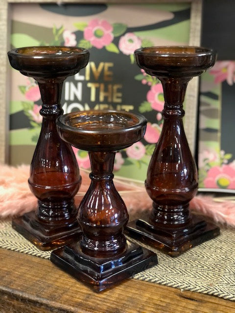 3 Piece Amber Glass Candlestick Set