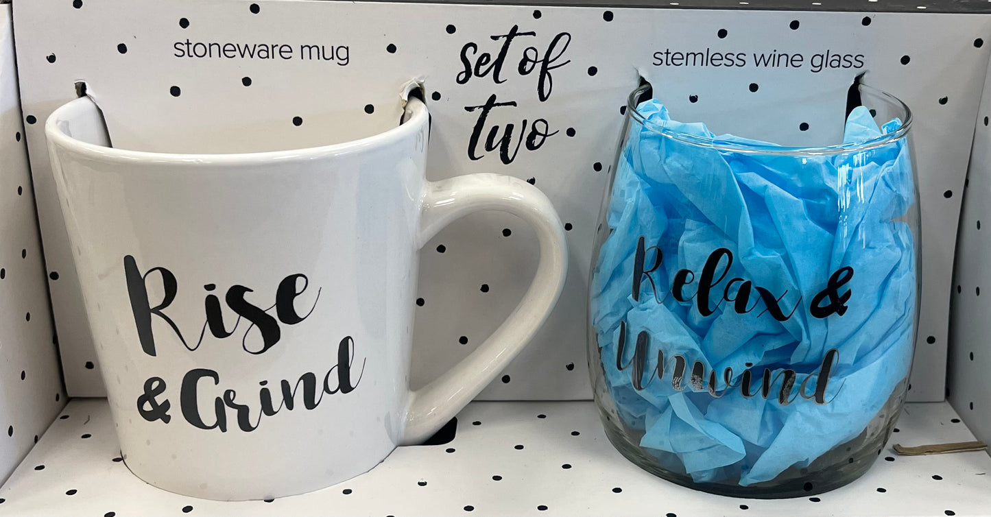 Rise & Grind | Relax & Rewind  Mug | Wine Set