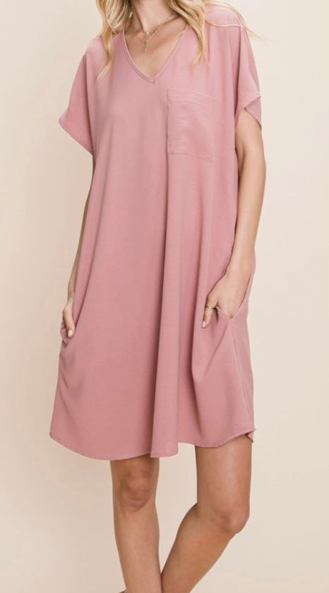 Mauve V Neck Pocket Short Sleeve Dress