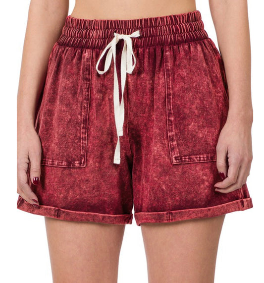 Cabernet Acid Wash Tie Shorts