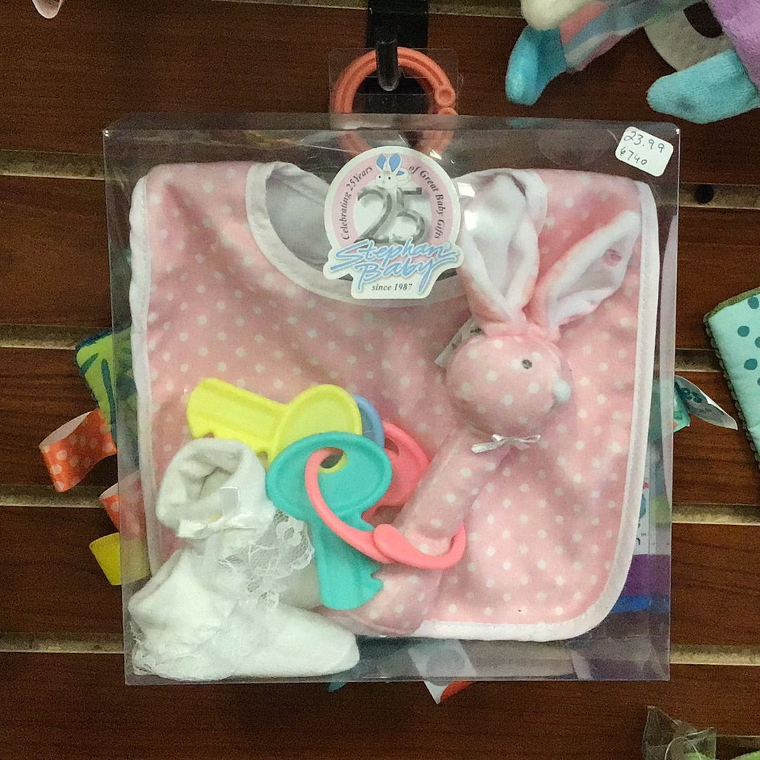 Pink Dot Bib/Rattle Gift Set