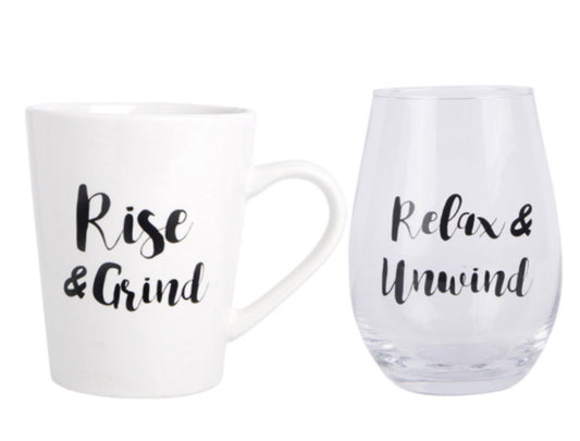 Rise & Grind | Relax & Rewind  Mug | Wine Set