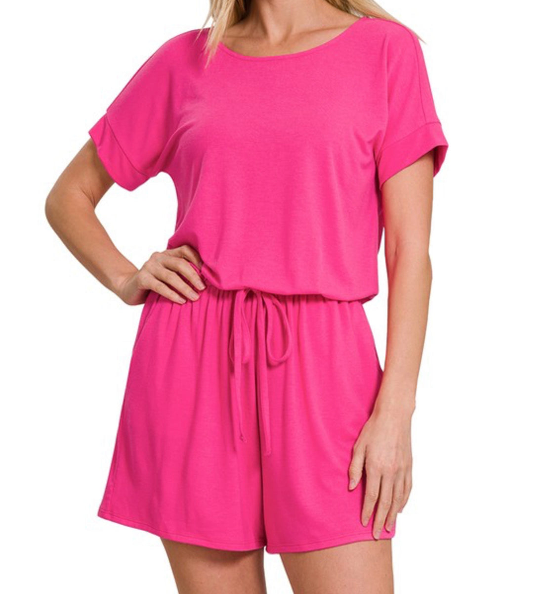 Hot Pink Tie Romper With Pockets