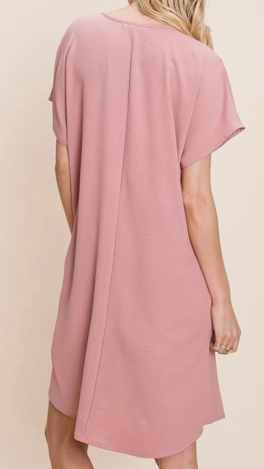 Mauve V Neck Pocket Short Sleeve Dress