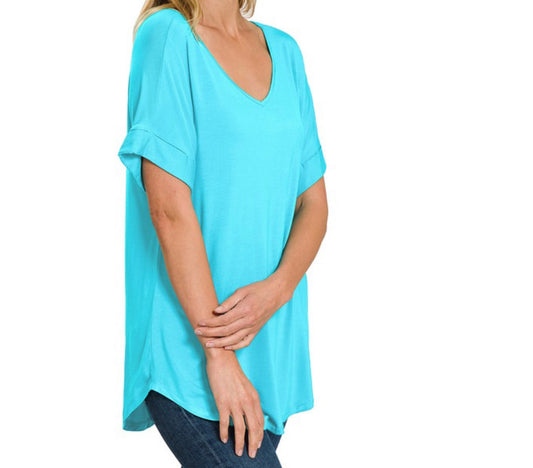 Ice Blue Rolled Sleeve Solid Top