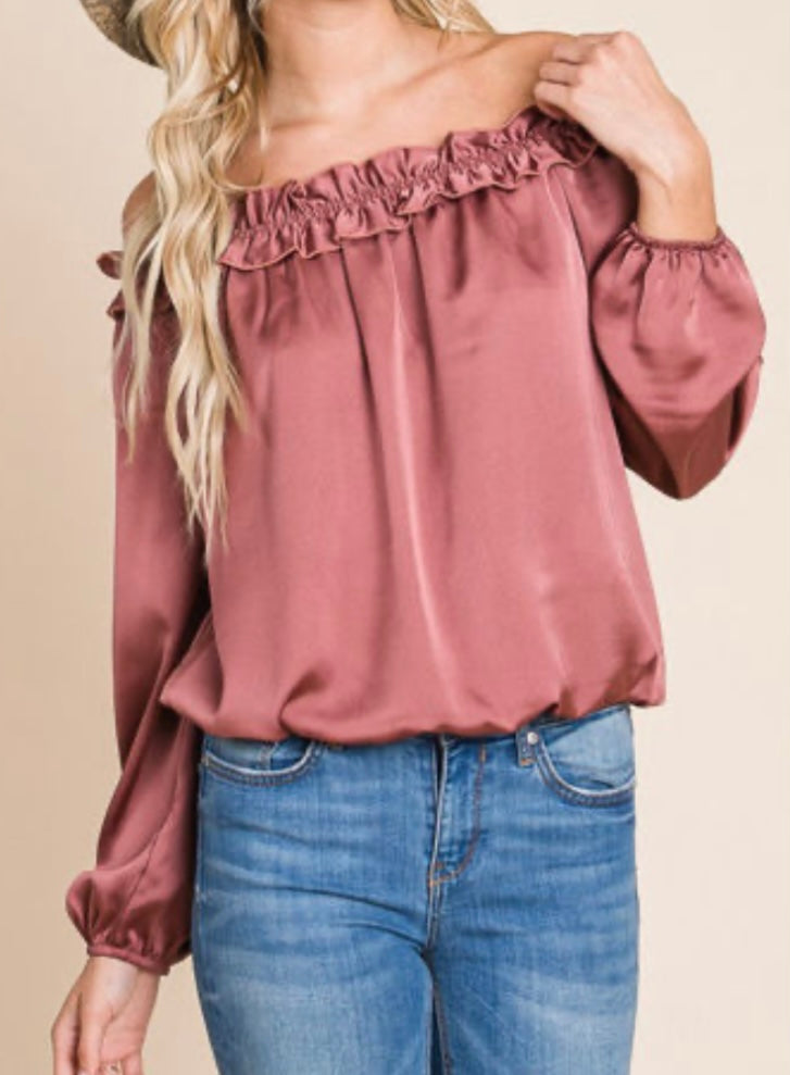 Satin Ruffle Trim Off the Shoulder Top