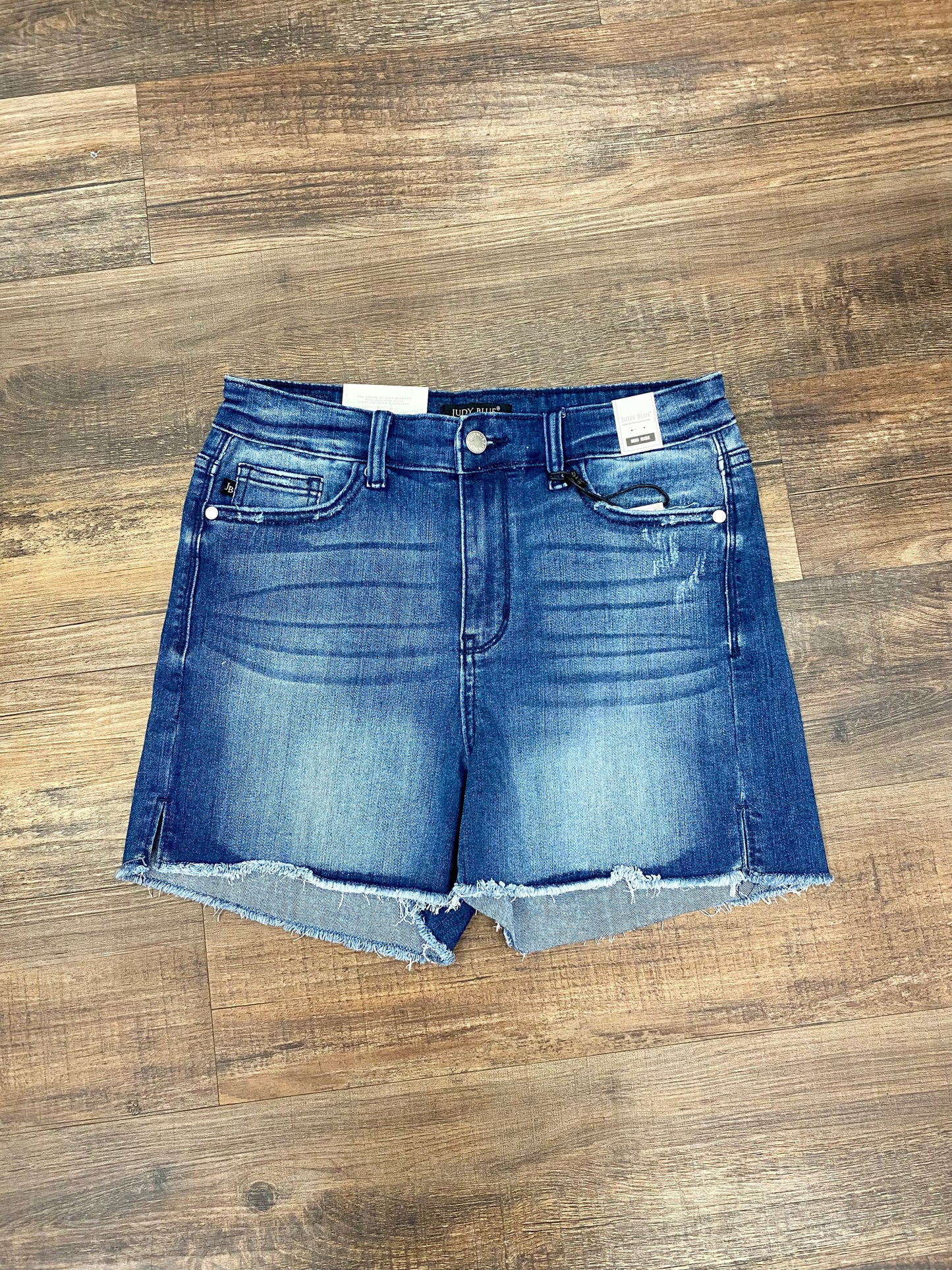 Judy Blue Dark Wash Mid Rise Fray Trim Shorts