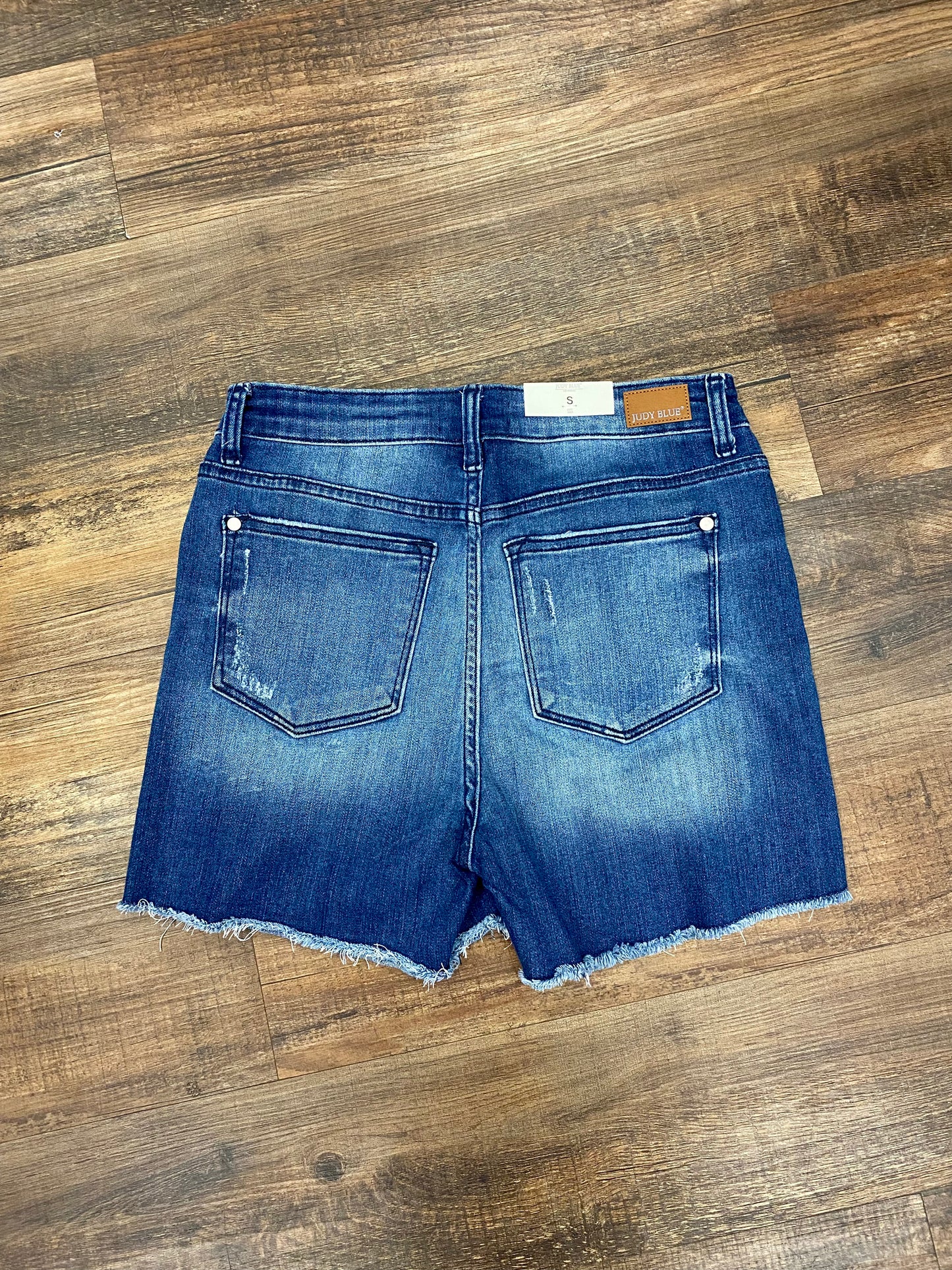 Judy Blue Dark Wash Mid Rise Fray Trim Shorts