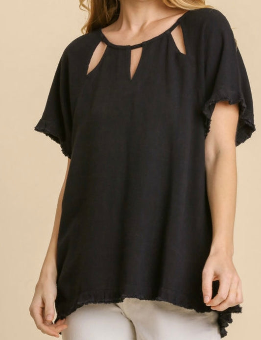 Black Linen Peep Collar Top