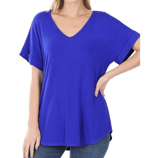 Bright Blue Rolled Sleeve Solid Top