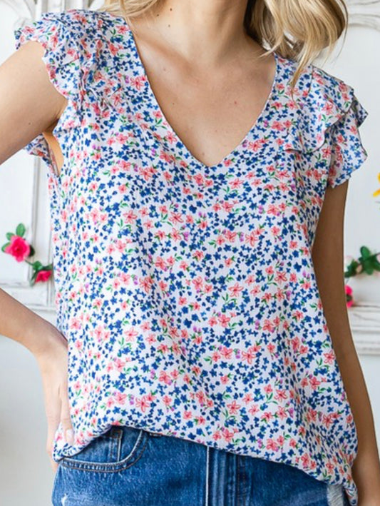 Floral Ruffled V Neck Blouse